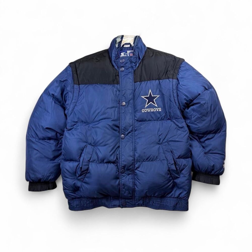 Vintage 90s Starter Dallas Cowboys Puffer Jacket NFL Convertible Vest Blue Sz L
